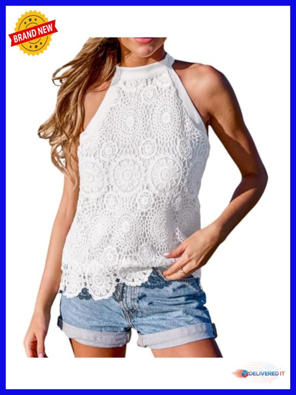 Women's Sleeveless Tank Top with Lace Hollow Out Design, Lightweight, Scoop